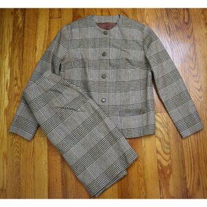 VINTAGE WOMEN'S BROWN PLAID WOOL SKIRT SUIT - GENTRY - SIZE 9